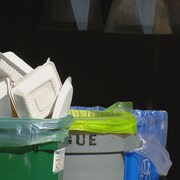 Des poubelles de recyclage désignées pour la nourriture et les objets en plastique.