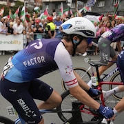 Pier-Andre Cote from the Israel Premier Tech team rides during the eleventh stage of the Spanish Vuelta cycling race, from Bilbao to Bilbao, Spain, Wednesday, Sept. 3, 2025. (AP Photo/Miguel Oses)