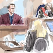 Un croquis de la salle d'audience du palais de justice de London, où on peut voir Carter Hart à la barre des témoins ainsi que la juge et la procureure Meaghan Cunningham. 