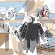 Un croquis de la salle d'audience du palais de justice de London où on voit l'avocat, Daniel Brown, la plaignante E. M., la juge ainsi que des membres du jury. 
