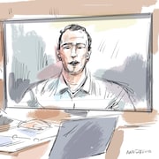 Un croquis de Tyler Steenbergen, qui apparaît sur un écran, et de la procureure Heather Donkers.
