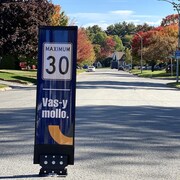 Une affiche sur laquelle est inscrite l'expression "Vas-y mollo", accompagnée d'une limite de vitesse fixée à 30 km/h.