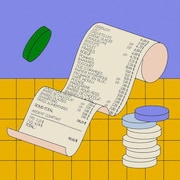 Une illustration d'une facture avec des pièces de monnaie et une carte de crédit.