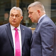 Viktor Orban (à gauche) et Robert Fico (à droite) en pleine discussion. Tous deux regardent dans la même direction.