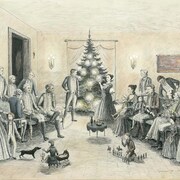 Des aristocrates endimanch&eacute;s se retrouvent autour d'un sapin illumin&eacute;.