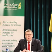  Le premier ministre de la Saskatchewan, Scott Moe, a tenté de faire passer le message de la province dans son budget 2024-25 en s'asseyant devant une bannière annonçant des "dépenses record" dans plusieurs domaines.