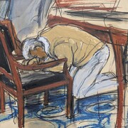 Croquis de Sean «Diddy» Combs agenouillé dans une salle de cour, le visage contre une chaise.