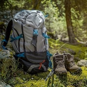 Des bottines, des bâtons et un sac à dos de randonneur dans une clairière en pleine forêt.