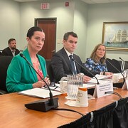 Shelley Bent James, Craig Beaton et Tracy Embrett lors d'une réunion à l'Assemblée législative.