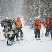 Une dizaine de femme en ski avec des sacs à dos au milieu d'un sentier sous la neige.