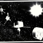 Illustration en noir et blanc des sondes Pioneer, une derrière l'autre autour du Soleil