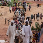 Des Soudanais, qui ont fui le conflit à Murnei dans la région soudanaise du Darfour, traversent la frontière entre le Soudan et le Tchad à Adré, au Tchad, le 4 août 2023.