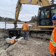 Une structure de contrôle de niveau de l'eau pour un petit barrage vient d'être déposée près d'un marais.
