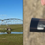 À gauche, un système d'irrigation traditionnel à pivot dans le sud de l'Alberta. À droite, un échantillon de la bande flexible avec un émetteur d'eau intégré qui est enfoui dans un champ à environ 30 cm sous la surface. 