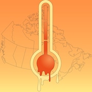 Un thermomètre brûlant survole une carte du Canada.