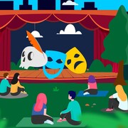 Un théâtre érigé dans un parc, devant lequel des gens sont assis, sur le gazon. Sur la scène apparaissent des masques, un qui rit et l'autre qui pleure, ainsi qu'un crâne avec une plume évoquant Shakespeare.