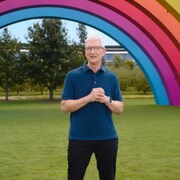 Un homme dans un parc devant un arc-en-ciel g&eacute;ant.