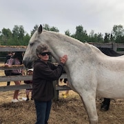 Une femme caresse un cheval blanc, dans une écurie de Yellowknife, aux Territoires du Nord-Ouest.