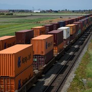 Un train de marchandises et ses innombrables wagons est à l'arrêt au milieu d'un champs à Delta, en Colombie-Britannique