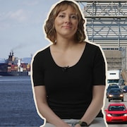 Montage photo de la journaliste et d'un navire de marchandises et de voitures.