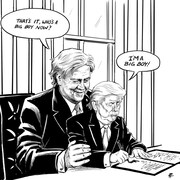 Le dessin de l'illustratrice Pia Guerra de Donald Trump sur les genoux de Steve Bannon a été retweeté 28 000 fois vendredi.