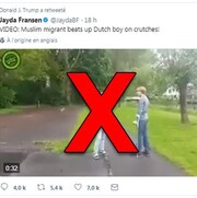 On voit un tweet de la politicienne Jayda Fransen. «VIDÉO: Un migrant musulman agresse un jeune Néerlandais en béquilles!» Est-il écrit.