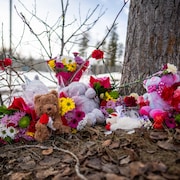 Un mémorial à l'école secondaire Tumbler Ridge le lendemain d'une fusillade de masse dans une école de Tumbler Ridge, en Colombie-Britannique, le mercredi 11 février 2026.