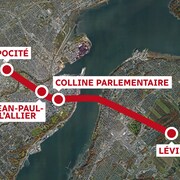 Le tracé du tunnel Québec-Lévis sur un fond de carte Google Earth. Le tunnel partirait d'Expocité, passerait par le centre-ville de Québec et déboucherait au centre-ville de Lévis.