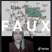 Capture d'écran d'une vidéo sur TikTok qui traite des villes 15 minutes. Le mot FAUX et superposé sur la photo. 