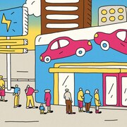 Une illustration montrant des acheteurs en file pour faire l'acquisition d'un v&eacute;hicule &eacute;lectrique et obtenir une subvention.