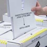 Un bulletin de vote entre dans une boîte de scrutin.