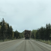 Un fardier chargé de bois circule sur la route forestière ro-461(25) qui relie Wemotaci et La Tuque.