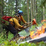 Deux pompiers avec des hâches tentent de stopper un feu dans une forêt.