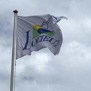 Drapeau flottant devant les nuages.