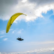 De nombreux parapentes sont dans les airs pendant une course.
