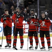 Des hockeyeurs canadiens, déçus, sont alignés sur la glace.