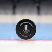 Une rondelle de hockey tient debout sur la ligne rouge des buts d'une patinoire.