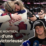 Marie-Philip Poulin et Laura Stacey parlent aux m&eacute;dias.