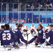 Des Américains célèbrent leur victoire, devant des joueurs canadiens déçus.
