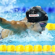 Une nageuse sort la t&ecirc;te de l'eau pendant une course.
