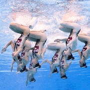 Des nageuses artistiques effectuent une figure sous l'eau.