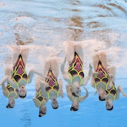 Des nageuses avec la tête sous l'eau.
