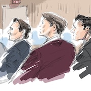 Dessin de cour de cinq jeunes hockeyeurs accusés. 