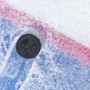 Gros plan sur une rondelle de hockey qui s'apprête à traverser une ligne rouge.