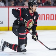 Il est agenouillé sur la glace.