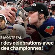Marie-Philip Poulin qui c&eacute;l&egrave;bre en buvant dans la coupe Walter.