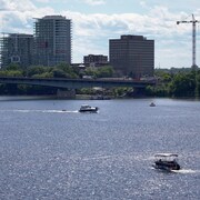 Des bateaux naviguent sur la rivière des Outaouais, avec en fond, des immeubles.