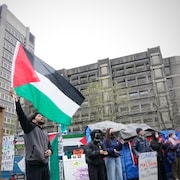 Des manifestants brandissent des pancartes et un drapeau palestinien.