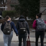 Quatre étudiants et étudiantes marchent de dos dans une rue à Montréal.