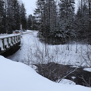 Un pont surplombant une rivière en hiver.